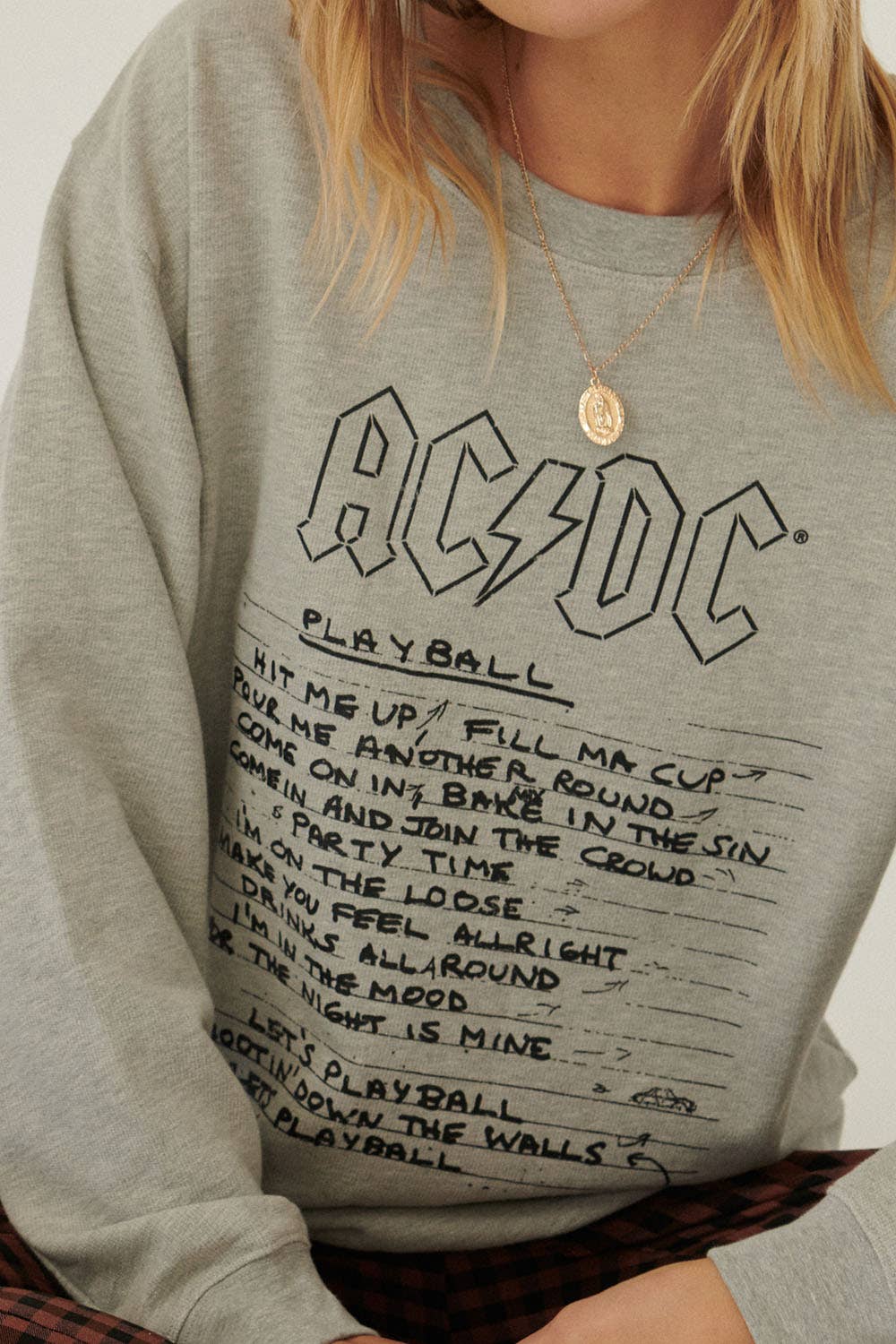 Heather Grey AC/DC Play Ball Vintage-Print Graphic Sweatshirt