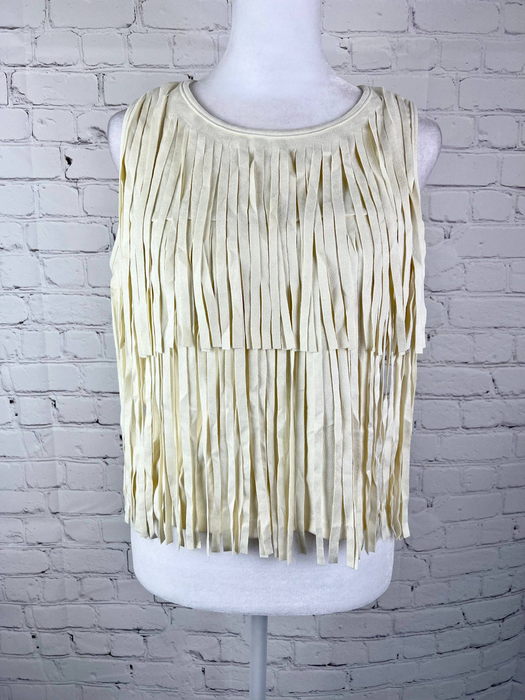 Ivory Sleeveless Suede Crop Top With Fringe