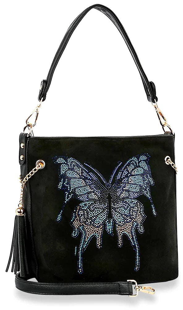 Rhinestone Butterfly Hobo Crossbody Sling - Black