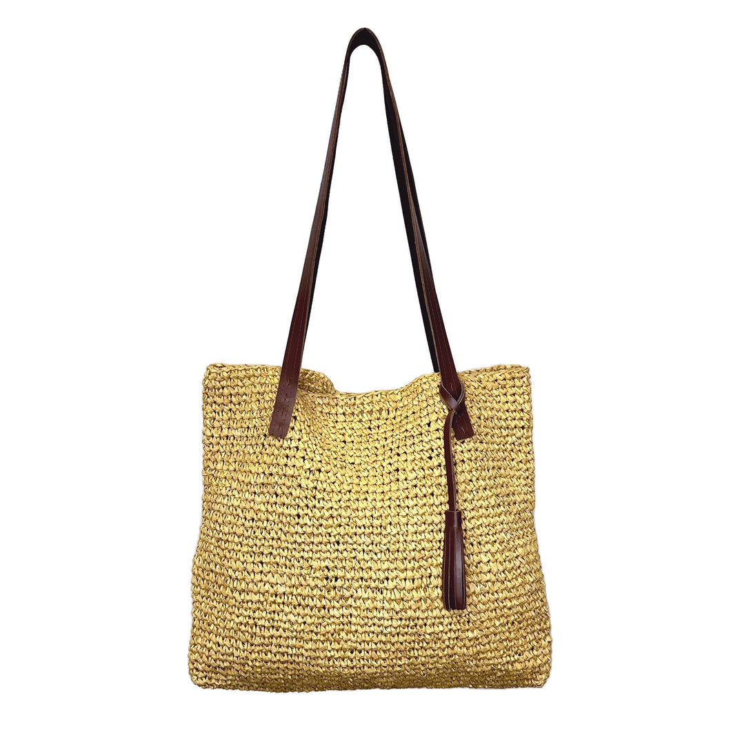 Handmade Natural Raffia Tote With Leather Straps and Tassel