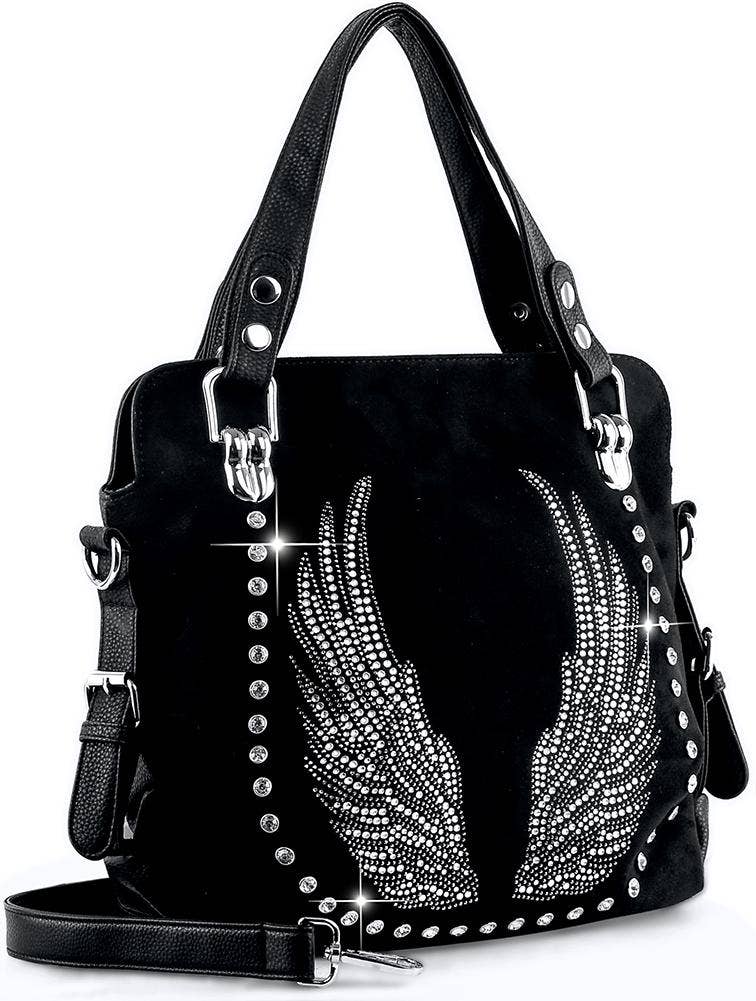 Winged Design Rhinestone Handbag - Black