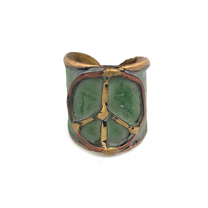 Brass Patina Adjustable Cuff Ring - Green Peace Sign