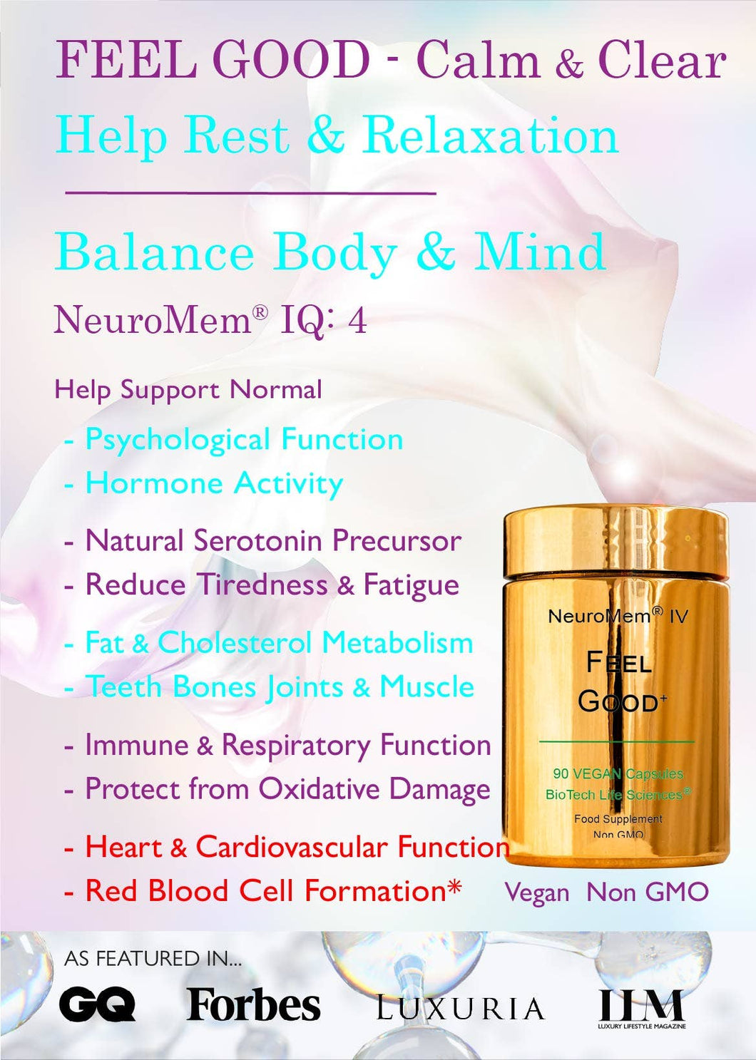 IQ4 FEEL GOOD Calm Clear Rest & Relax + Adrenal Support: 30 Count