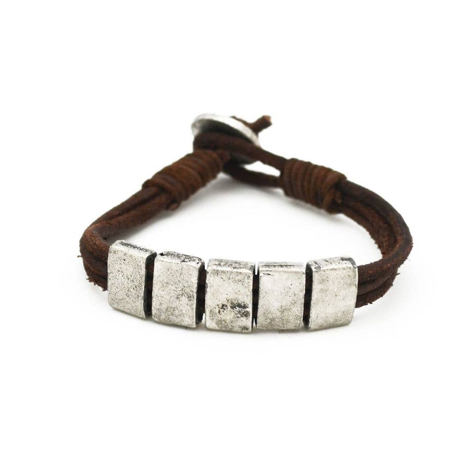 Aadi Five Silver Rectangles and Brown Leather Men's Bracelet