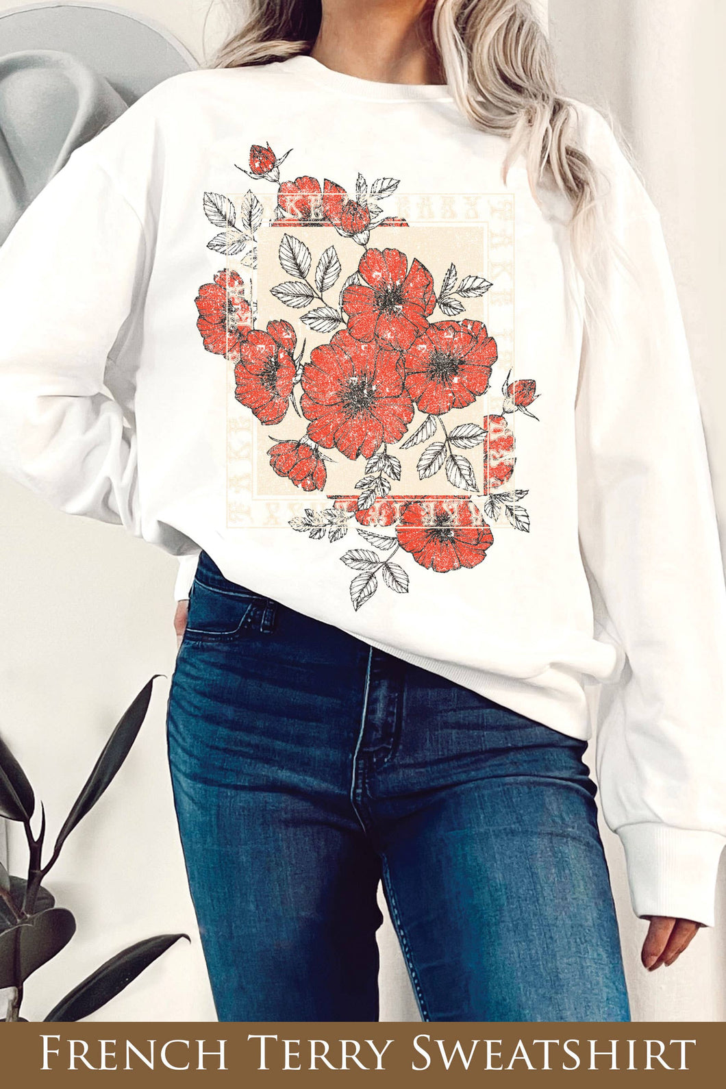White Take It Easy Vintage Flower Graphic French Terry Sweatshirts 3/3/23