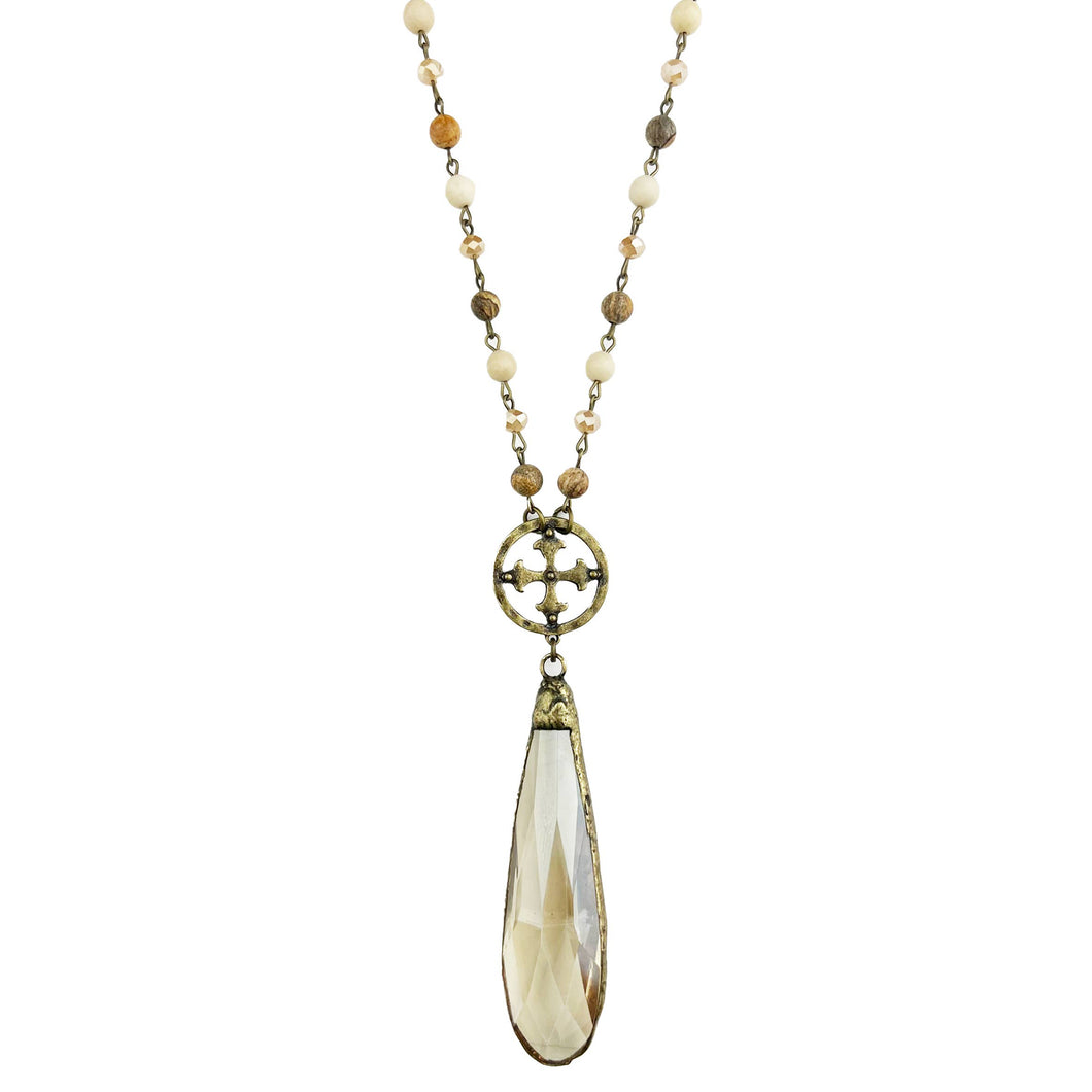 Sunrine Long Necklace with Metal Round Cross and Crystal Pendant