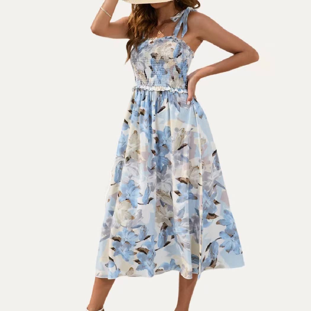 Blue Multi Walk In The Garden Floral Print Straps Sleeveless Midi Dress