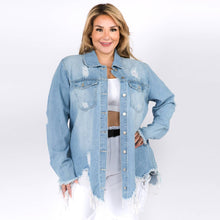LIght Blue Plus Size Distressed Denim Shirt Style Jacket