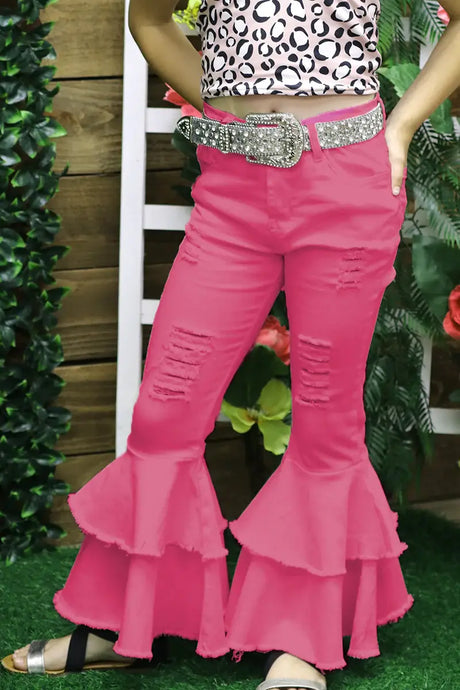 Hot Pink Distressed Double Layer Denim Pants