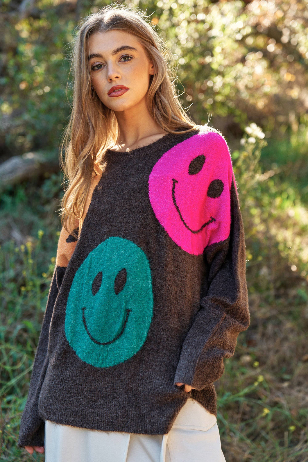 Brown Multi Smile Printed Long Sleeve Loose Fit Knit Sweater