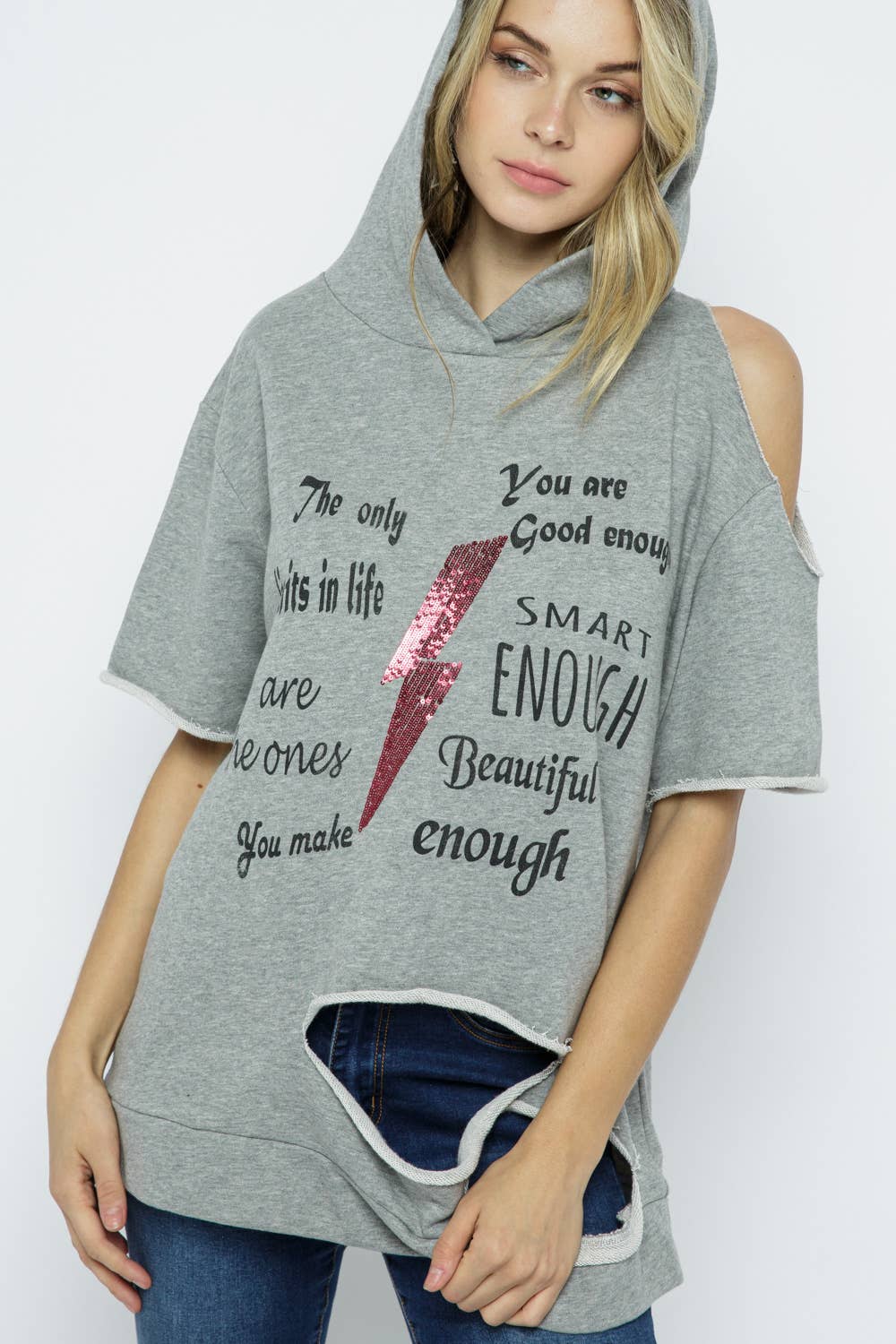 Heather Grey Distressed Short sleeve hoodie