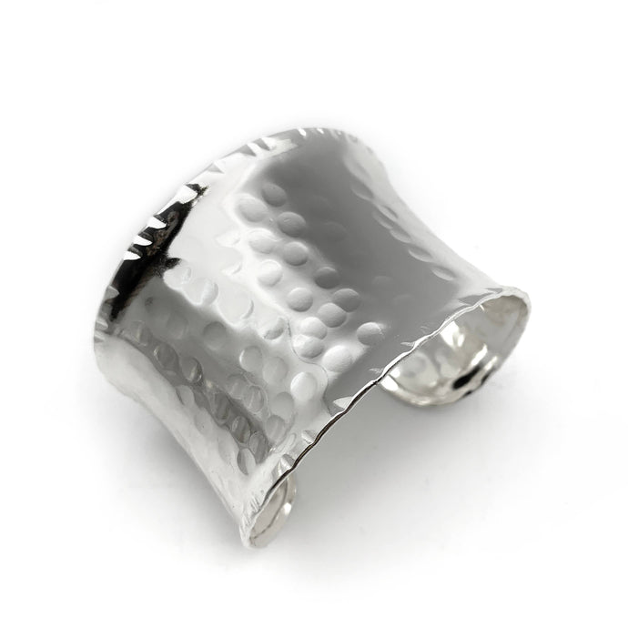 Silver Plated Adjustable Cuff Bracelet - Hammered Wide Cuff
