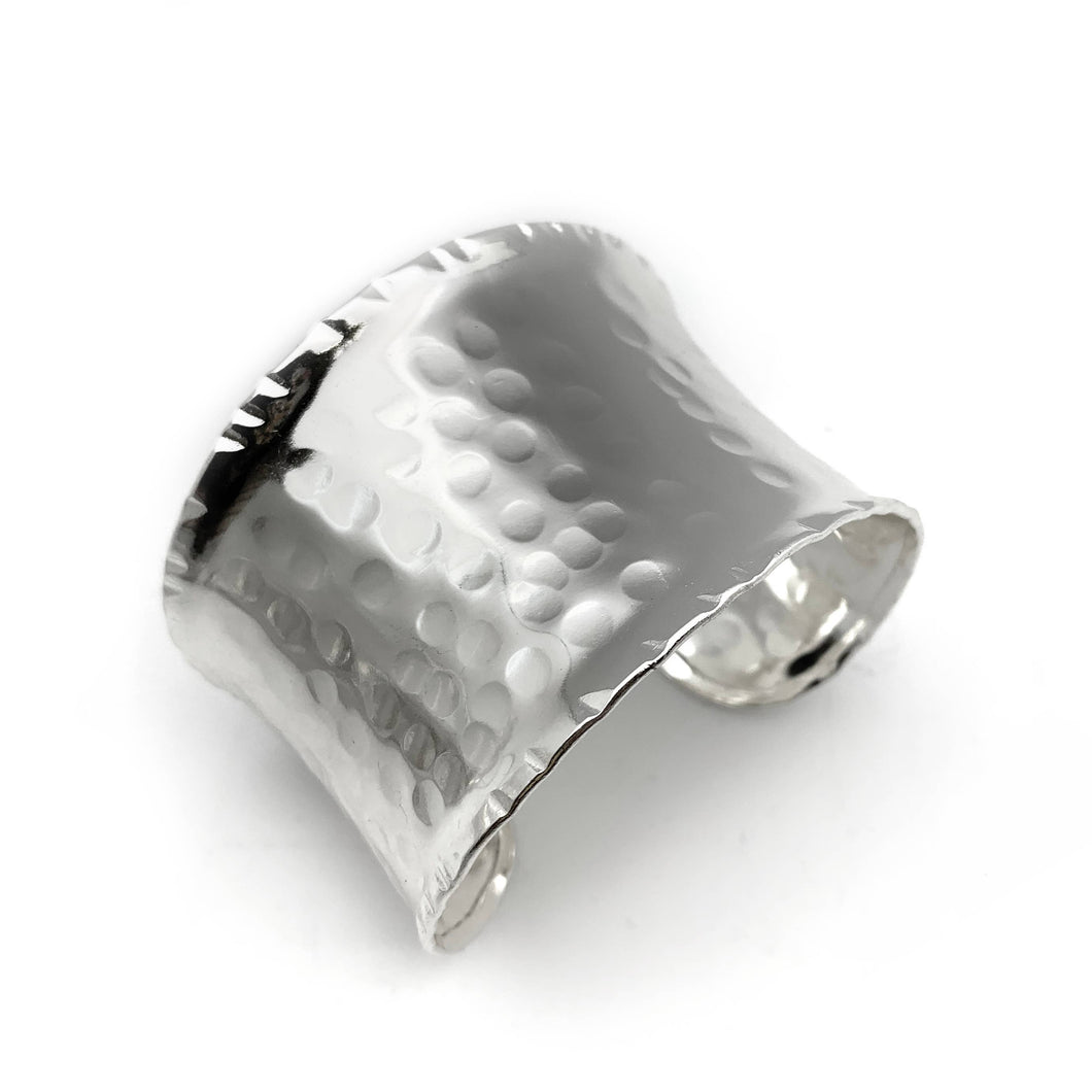 Silver Plated Adjustable Cuff Bracelet - Hammered Wide Cuff