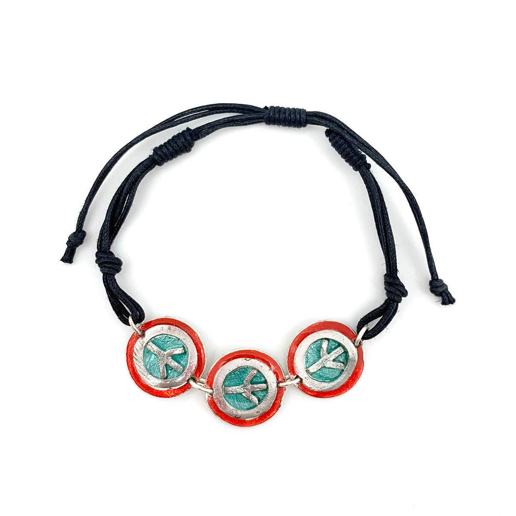 Pewter Bracelet with Color Enamel - Red/Aqua Peace Sign