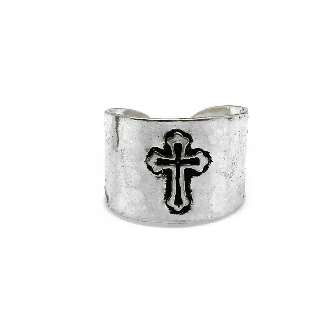Silver Plated Adjustable Cuff Ring - Cross