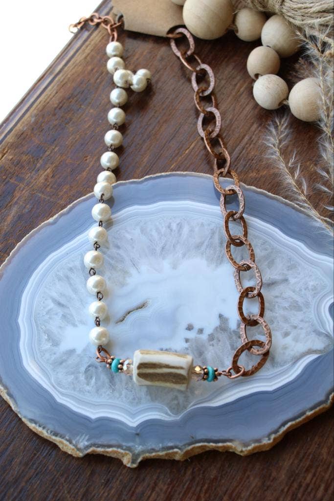 Half Pearl / Half Copper With Antler Center Piece Necklace