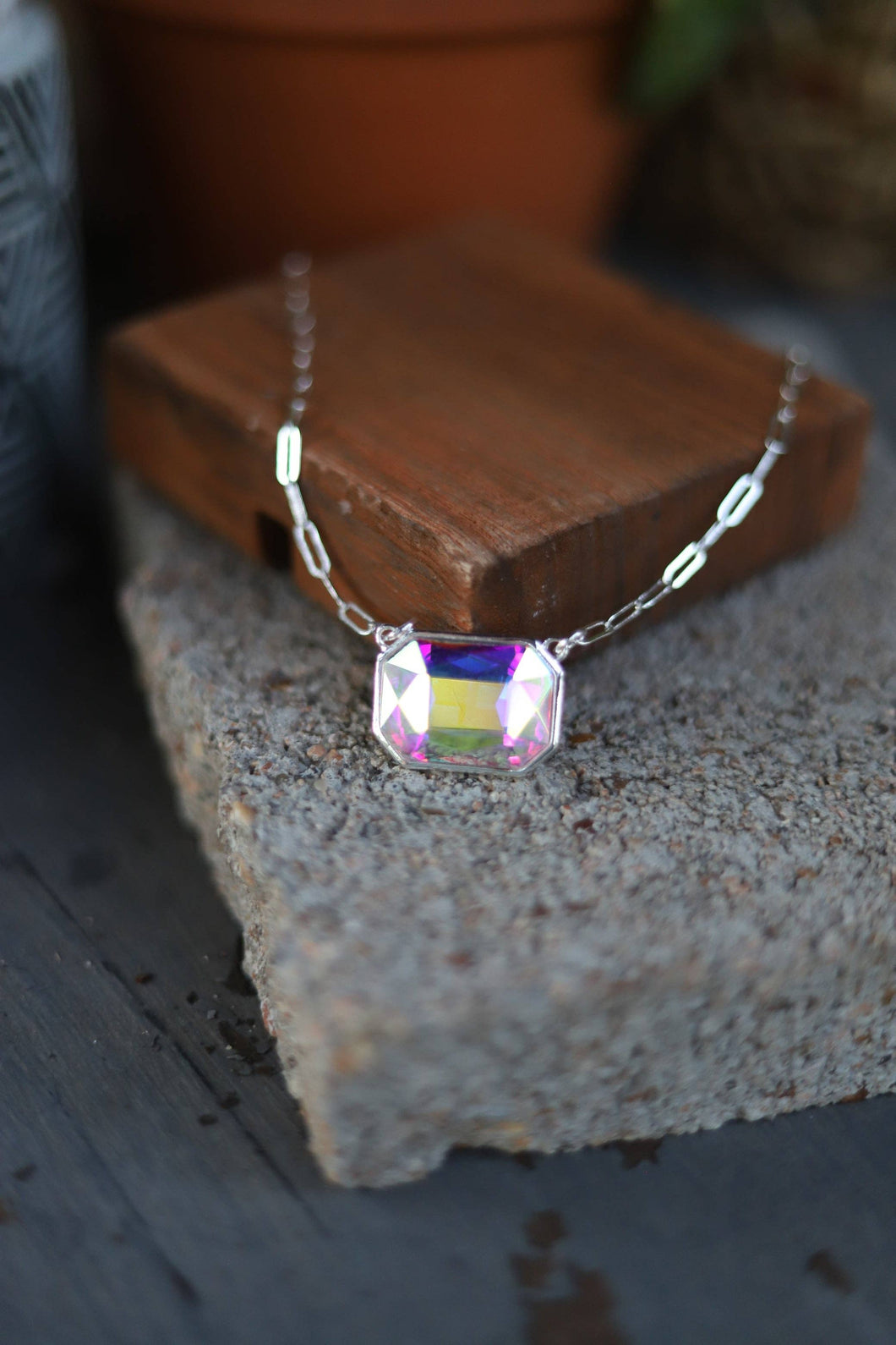 Ab Clear Globe Cut Rhinestone Necklace on Silver Chain