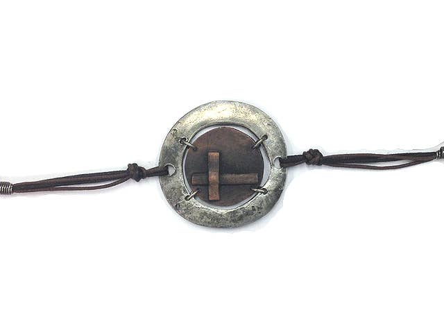 Pewter Bracelet - Antiqued Silver/Copper Cross in a Circle