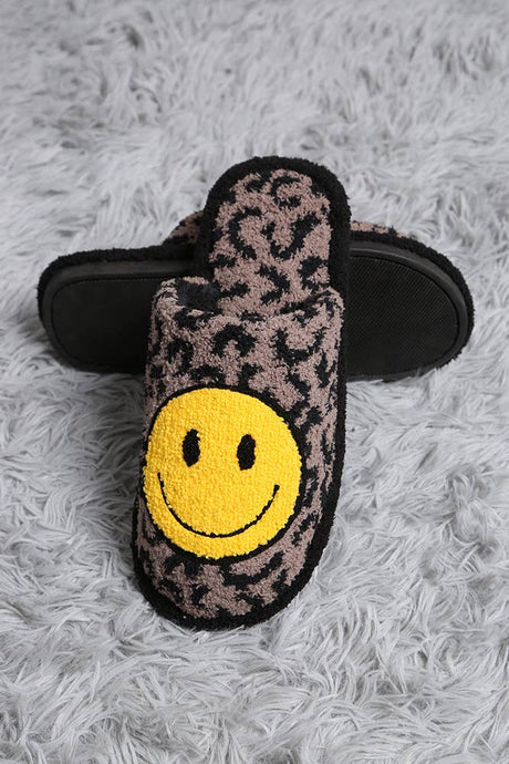 Coffee Comfy Leopard Happy Face Fuzzy Slipper