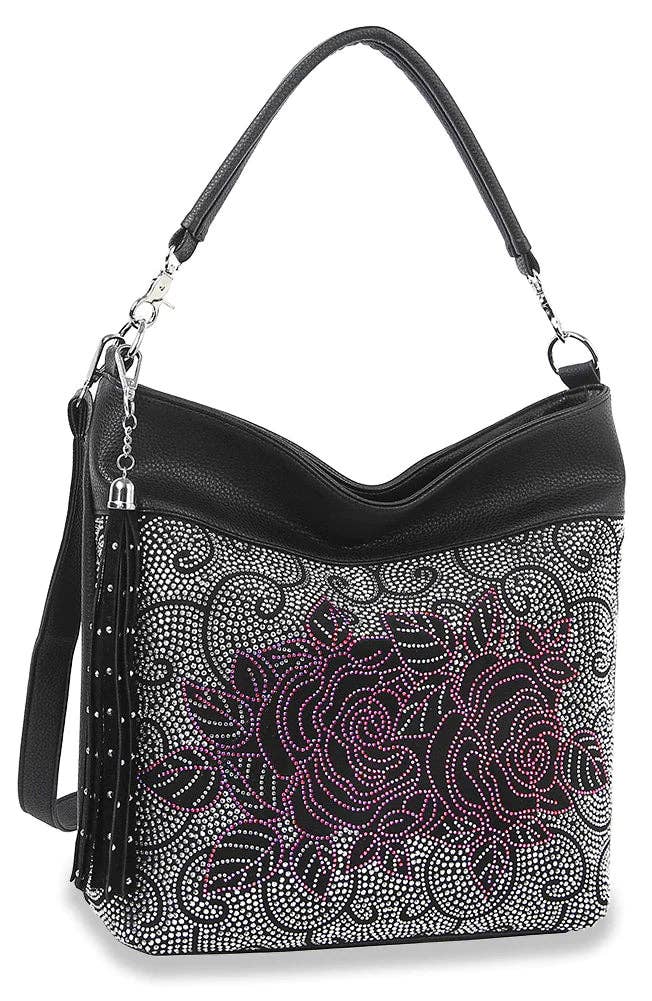 Floral Design Rhinestone Hobo Handbag - Black