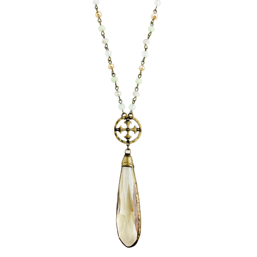 Beach Long Necklace with Metal Round Cross and Crystal Pendant